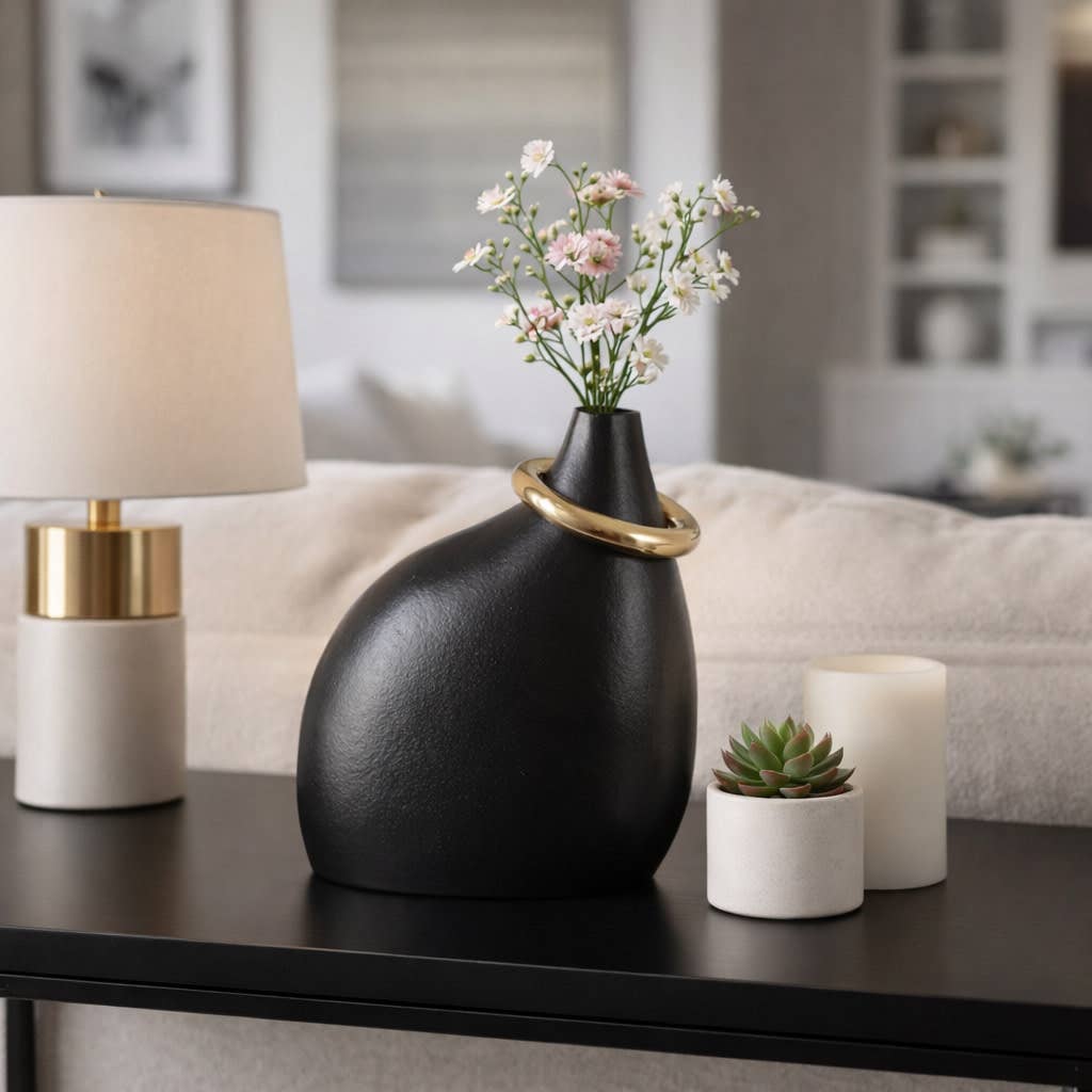 Decorative Vase - Black Ceramic Sculptural Ring, 14 in.