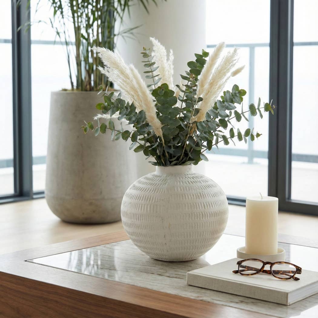 Decorative Vase - White Ceramic Textured Design, 10 in.