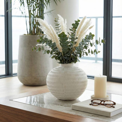 Decorative Vase - White Ceramic Textured Design, 10 in.
