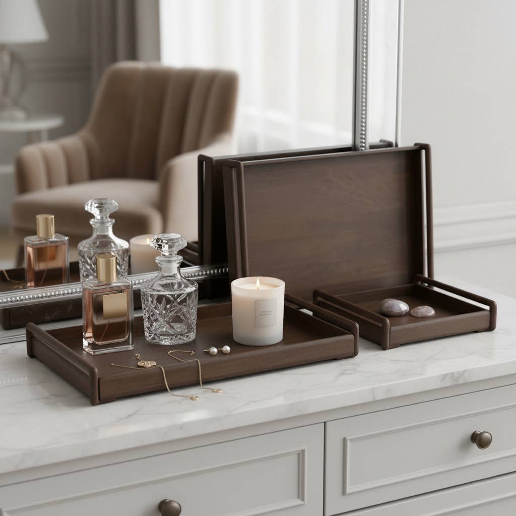 Trays Set of 3 - Brown Wood Raised Side Handles, 18/22/26 in