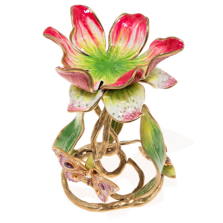 Jay Strongwater Meredith Floral 9" Pillar Candle Holder, Leaf Swarovski Crystal Enamel