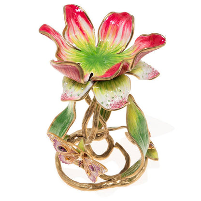 Jay Strongwater Meredith Floral 9" Pillar Candle Holder, Leaf Swarovski Crystal Enamel