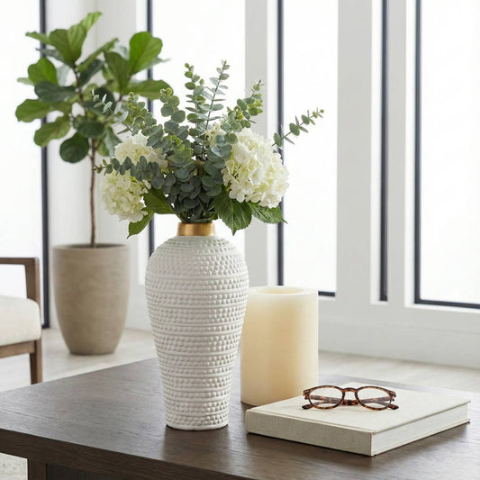 Decorative Vase - White Ceramic Textured Modern, 12 in.