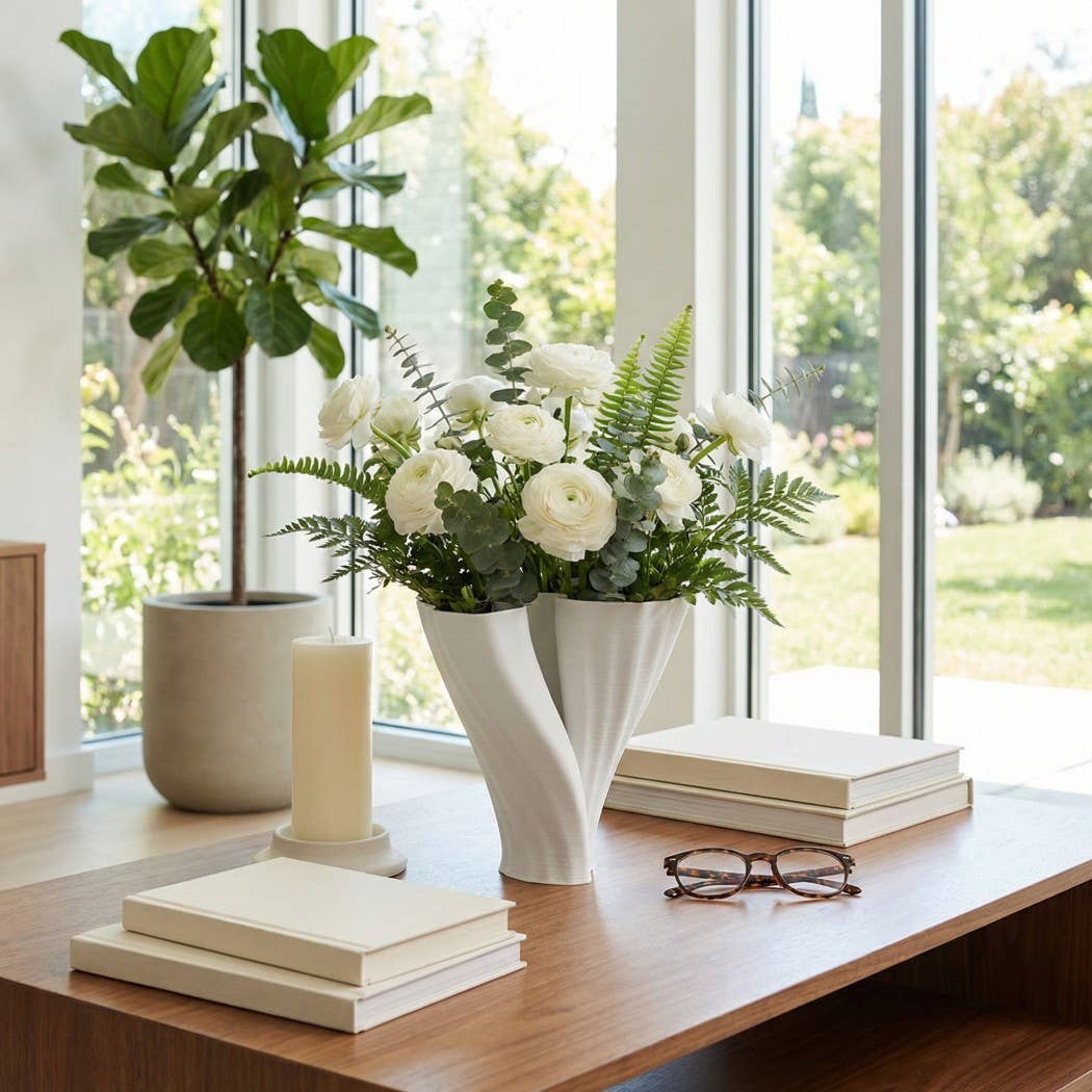Decorative Vase - White Ceramic Modern 3D Printed, 9 in.