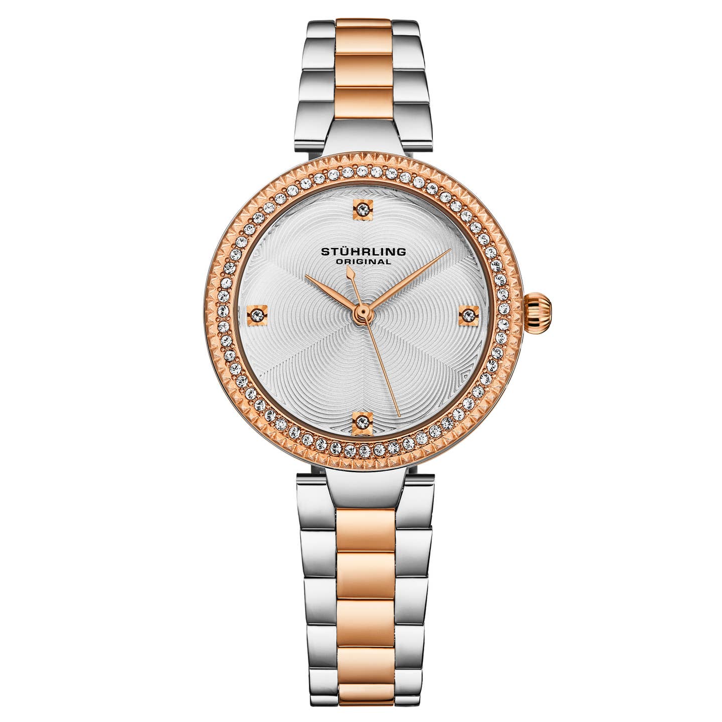 Stuhrling Original Brilliance 4043 Women's Quartz Watch, 32mm, Silver Dial, Two-Tone Rose Gold & Silver Bracelet, Crystal Hour Markers