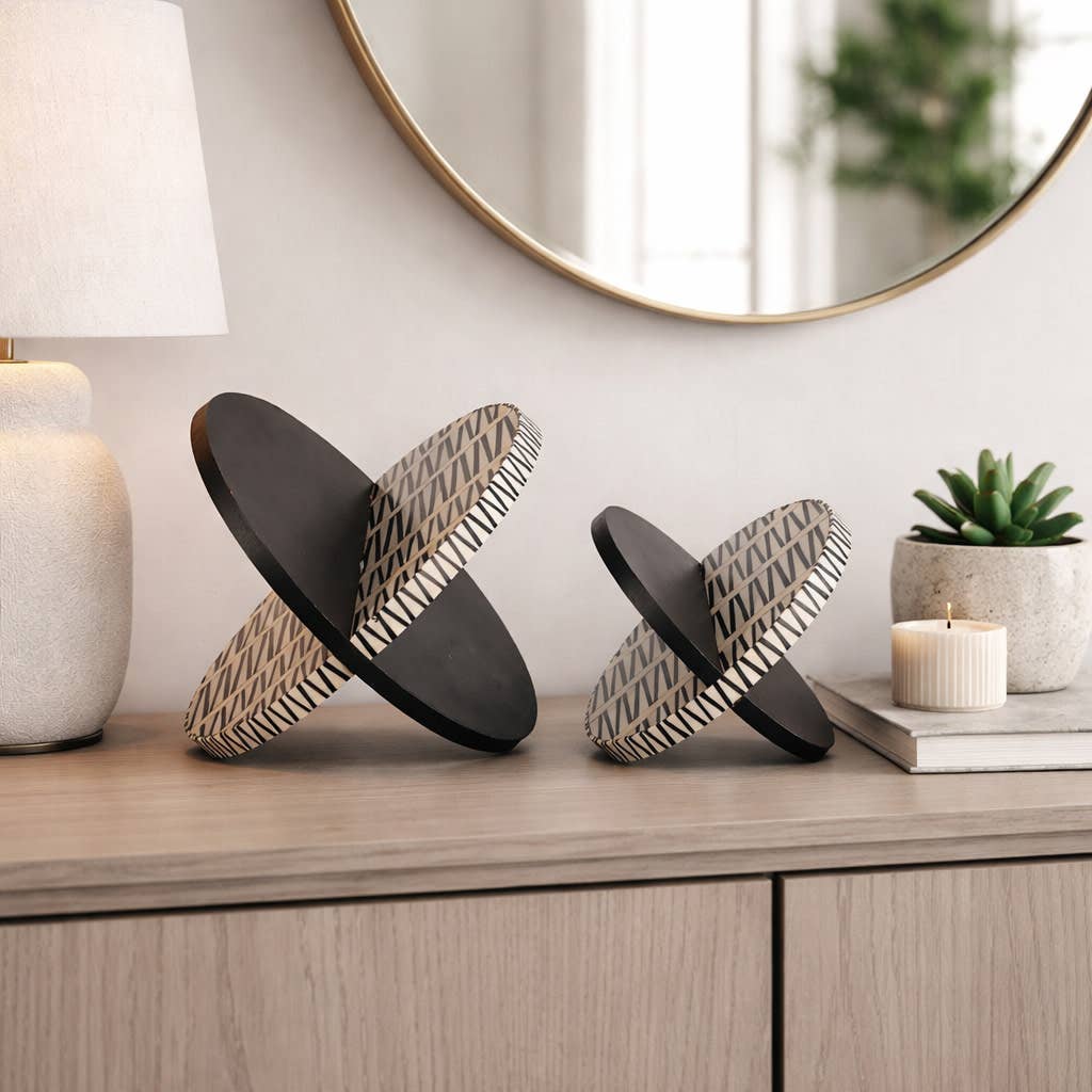 Sculptures Set of 2 - Black/White Wood Resin Orb, 7/10 in.