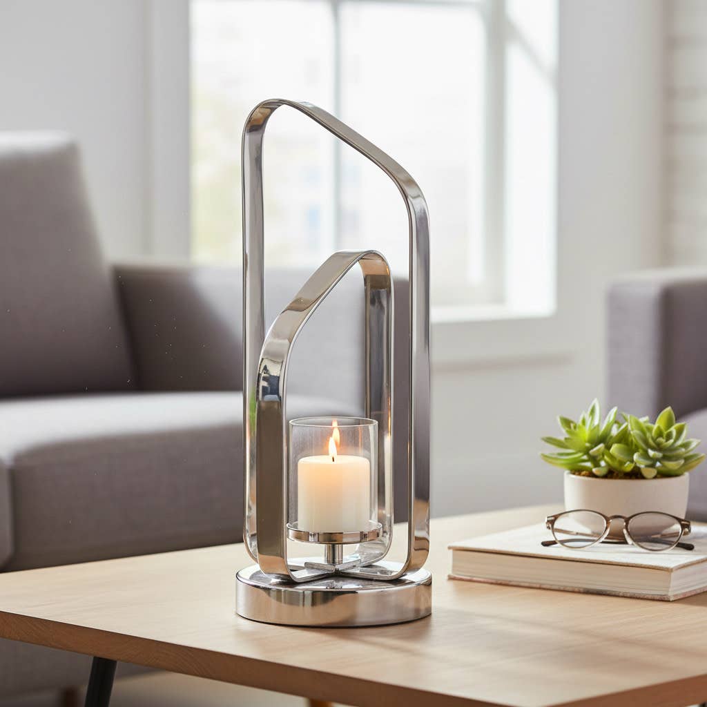 Candle Holder - Silver Metal Stylish Hurricane, 17 in.