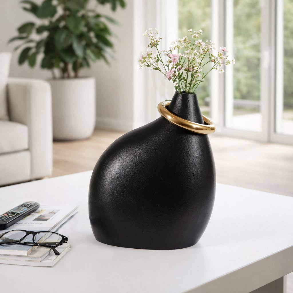 Decorative Vase - Black Ceramic Sculptural Ring, 14 in.