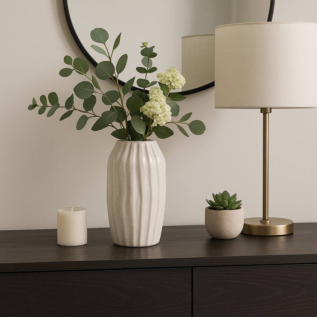Decorative Vase - Ivory Ceramic Sculpted Floor, 12 in.