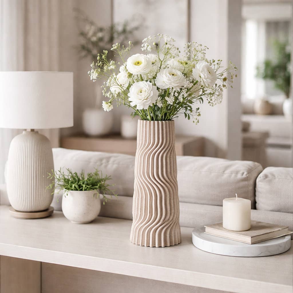 Decorative Vase - Tan Porcelain 3D Printed Textured, 17 in.