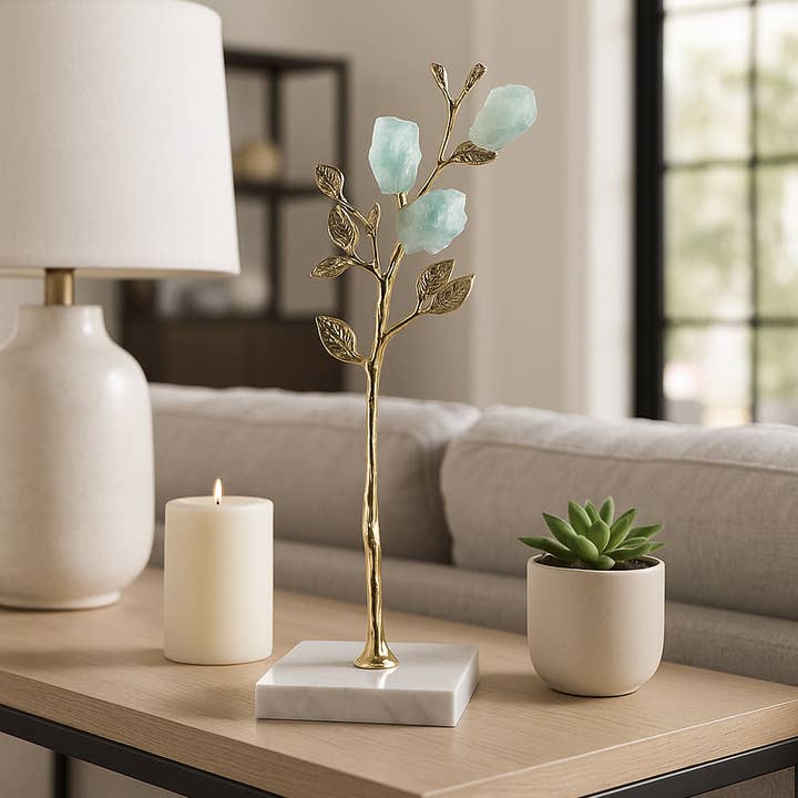 Decorative Object - Gold/Green Metal Stone Tree, 14 in.