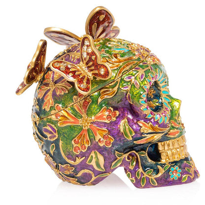Jay Strongwater Rivera Skull with Butterflies Decorative Box, Red Butterfly Flower Swarovski Crystal Enamel Gold-Finished
