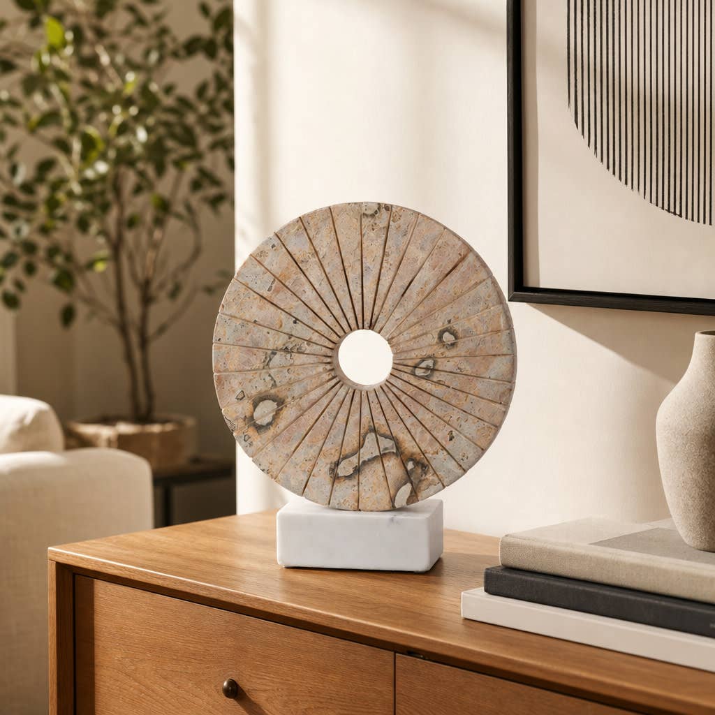 Decorative Objects - Tan Marble Round Disc On Stand, 12 in.