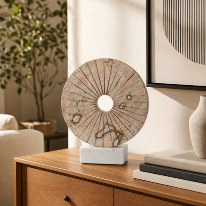 Decorative Objects - Tan Marble Round Disc On Stand, 12 in.