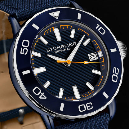 Stuhrling Original Explorer Men's Quartz Diver Watch, 40mm, Navy Dial, Navy Nylon Strap
