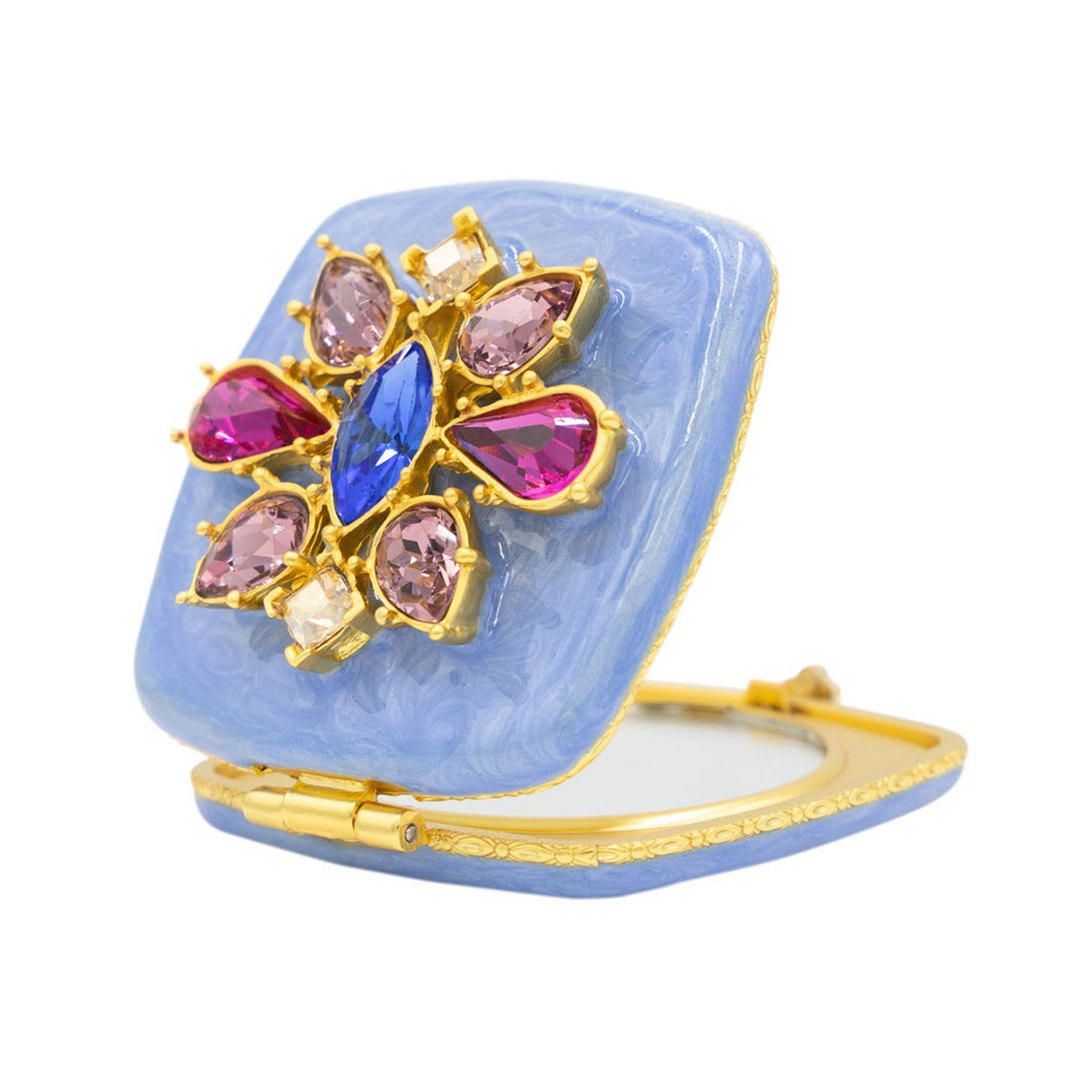 Jay Strongwater Luella 2" Square Jeweled Compact Mirror, Flora & Fauna