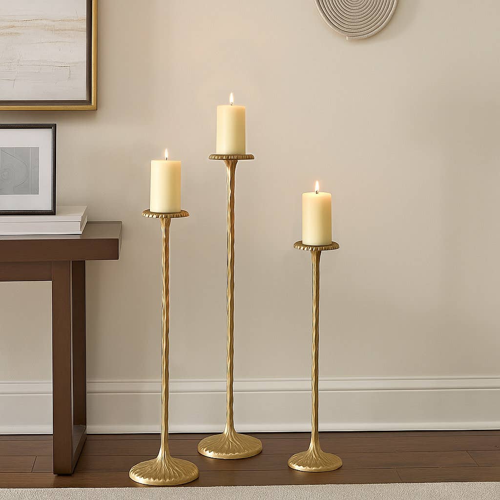 Candle Holder Set of 3 - Gold Metal Tall Stands, 26/32/40 in