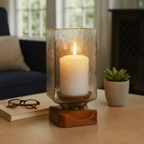 Candle Holder - Brown Wood Glass Pillar Hurricane, 11 in.
