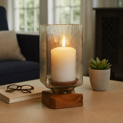 Candle Holder - Brown Wood Glass Pillar Hurricane, 11 in.