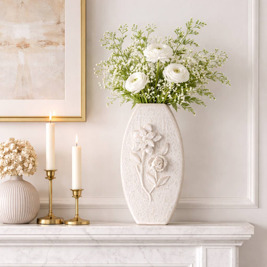 Decorative Vase - White Ceramic Textured Detailing, 18 in.