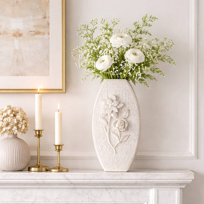 Decorative Vase - White Ceramic Textured Detailing, 18 in.