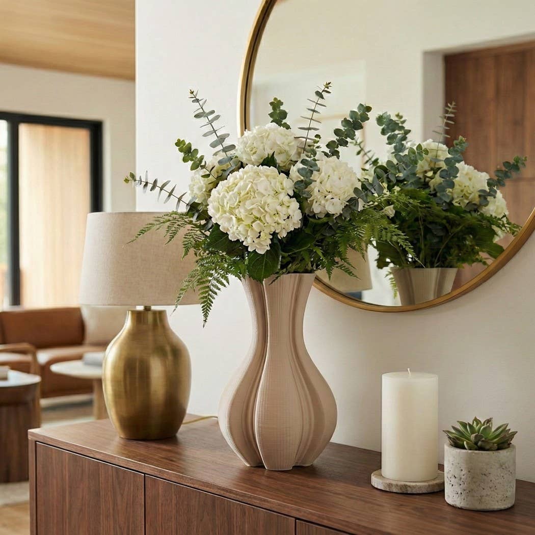 Decorative Vase - Tan Ceramic 3D Printed Fluted, 16 in.