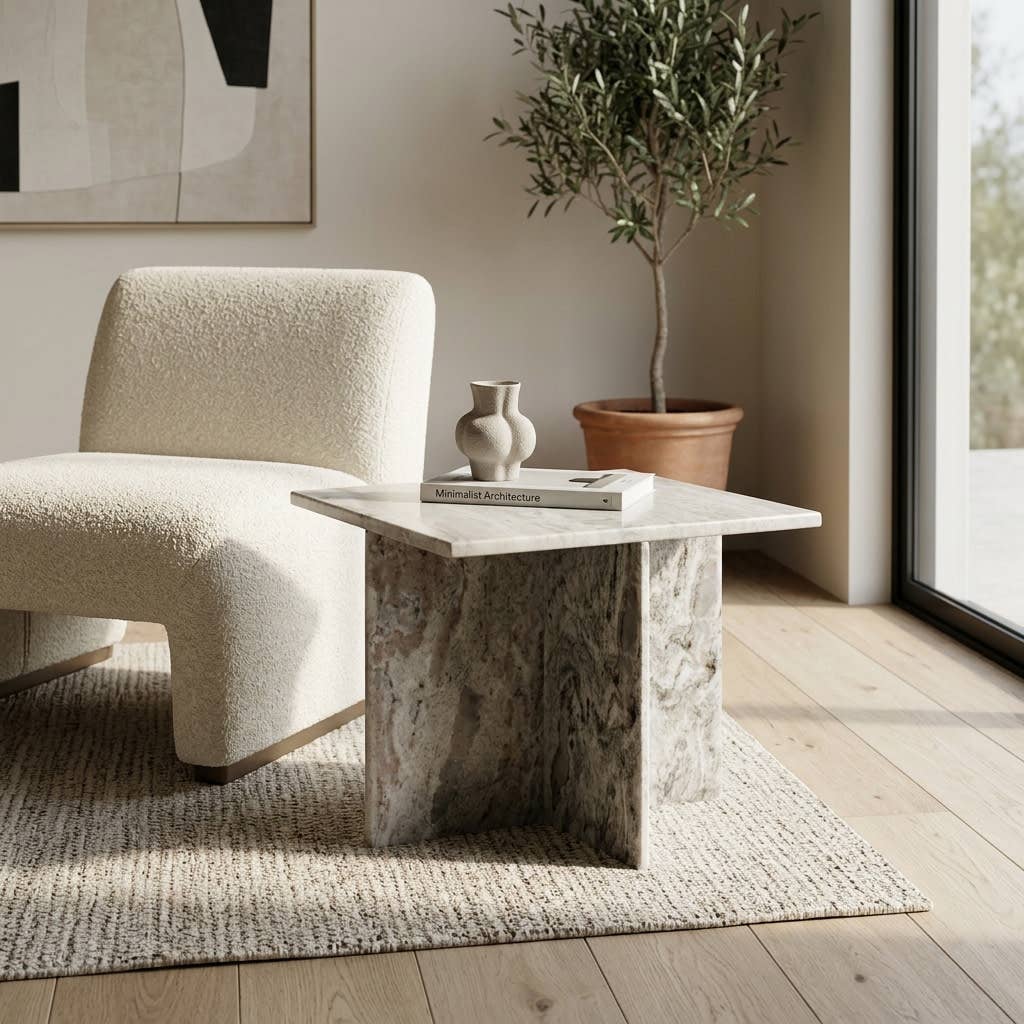 Side Table - Gray Marble Square with Cross Base, 18 in.
