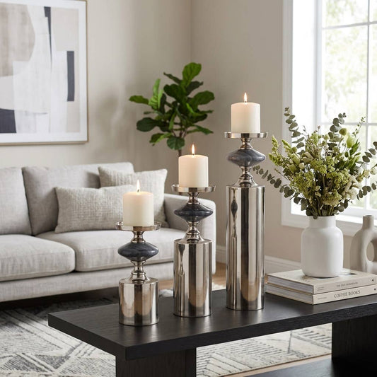 Candle Holder Set of 3 - Silver and Gray Marble, 9/12/16 in