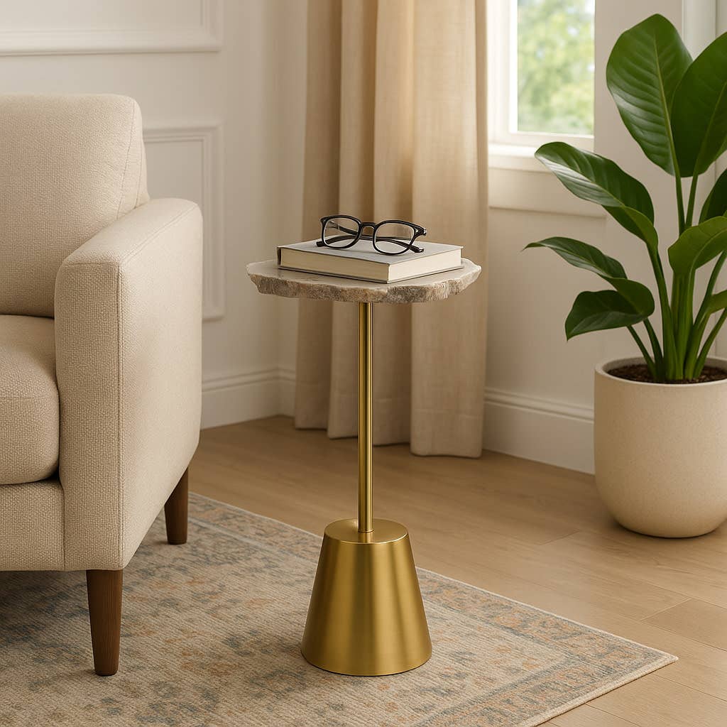 End Table - White Raw Agate Top with Gold Metal Base, 23 in.