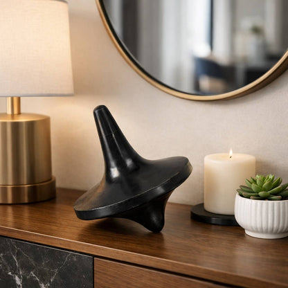 Decorative Object - Black Marble Spinning Top Design, 10 in.