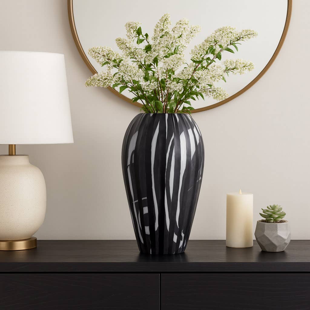 Decorative Vase - Black/White Glass Curved Tapered, 19 in.