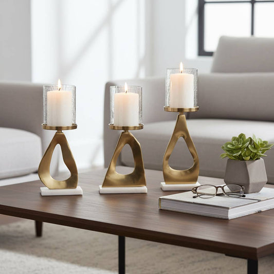 Candle Holders Set of 3 - Gold Metal Marble Base, 13/15 in.