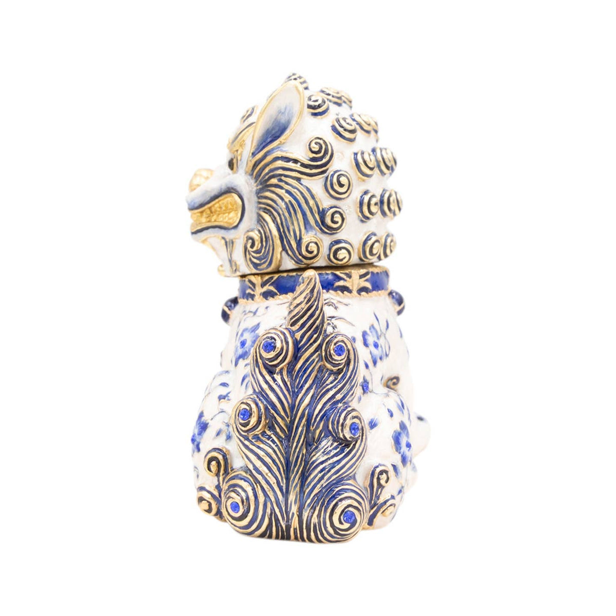 Jay Strongwater Yin Foo Dog Chinoiserie Decorative Box, Blue Flower Austrian Crystal Enamel Gold-Finished