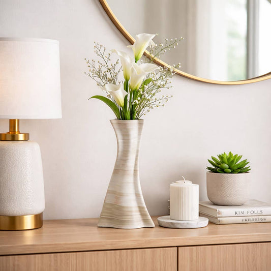 Decorative Vase - Ivory Porcelain 3D Printed Contours, 15 in.