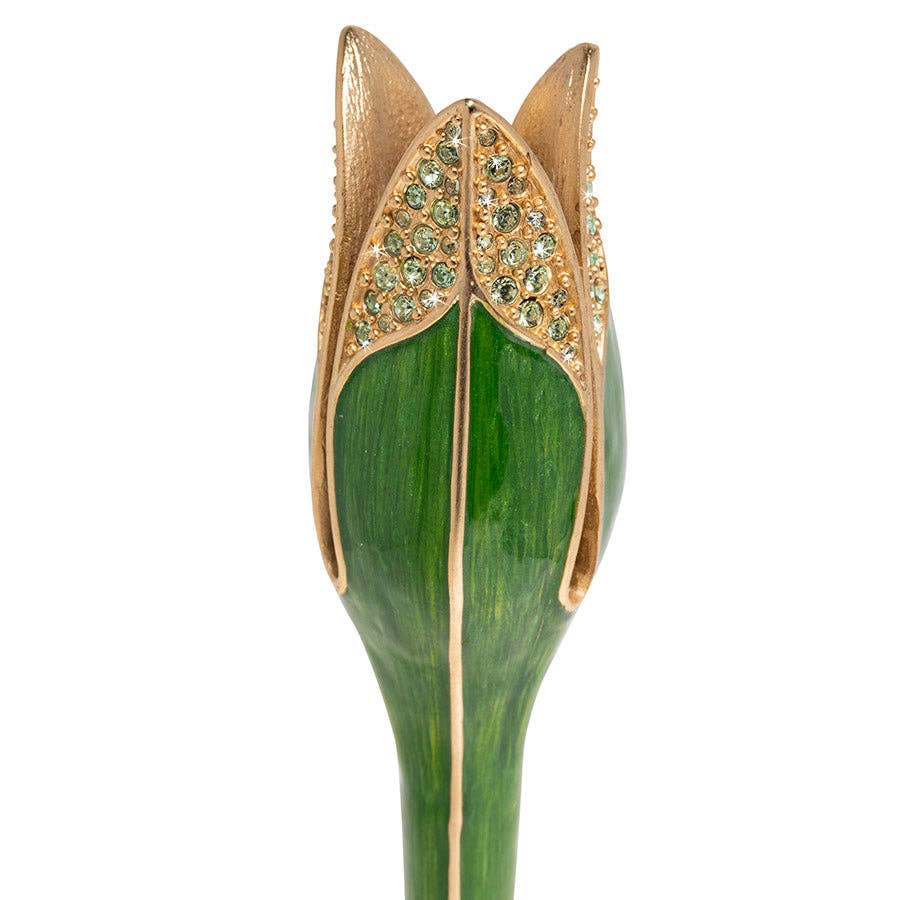 Jay Strongwater Ambrosius Tulip Green Candlestick Holder, Leaf Swarovski Crystal Enamel Gold-Finished