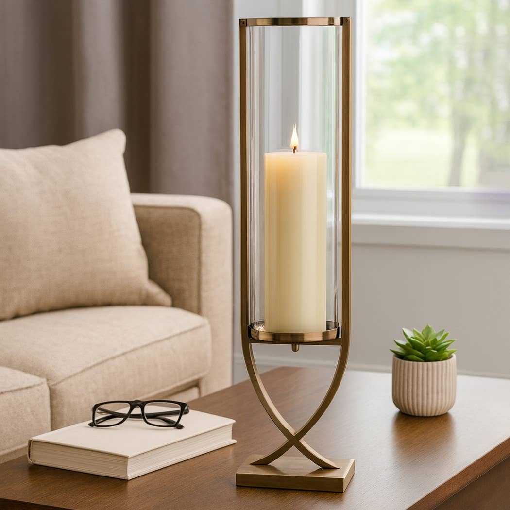 Candle Holder - Gold Metal Glass Cylindrical Pillar, 31 in.