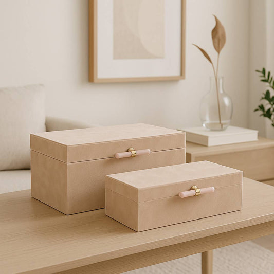 Boxes Set of 2 - Tan Wood Suede Hardware with Lid, 12/14 in.