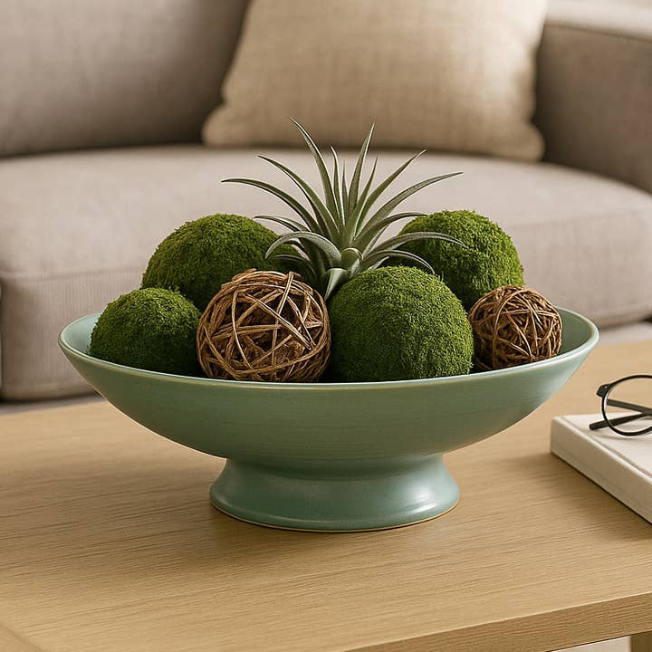 Decorative Bowl - Green Ceramic Round Pedestal Base, 15 in.