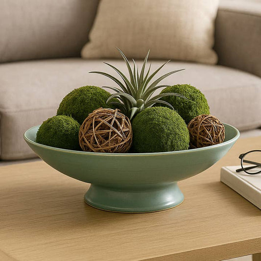 Decorative Bowl - Green Ceramic Round Pedestal Base, 15 in.