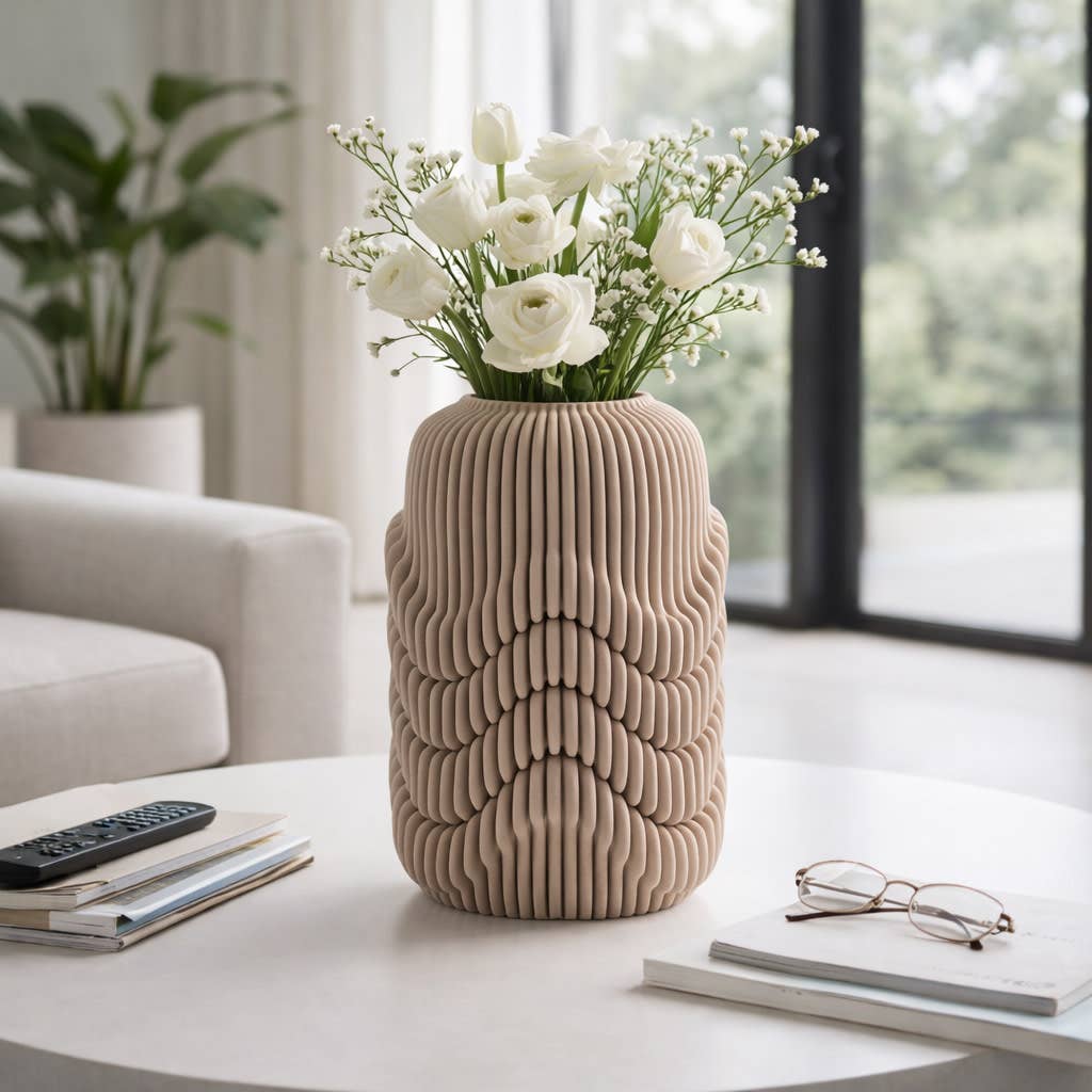 Decorative Vase - Brown Porcelain Ribbed 3D Printed, 12 in.