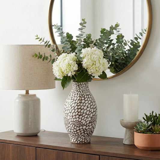 Decorative Vase - White/Brown Ceramic Pebble Mosaic, 14 in.