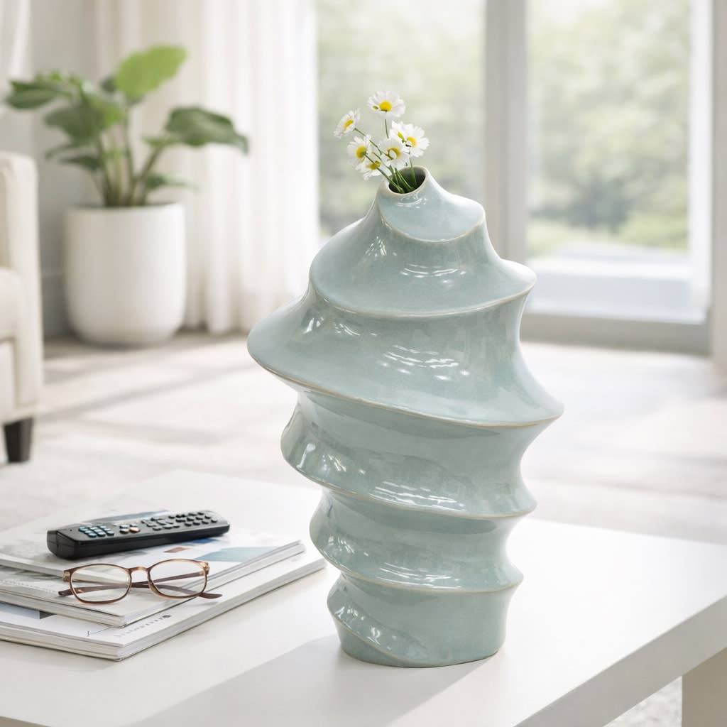 Decorative Vase - Blue Ceramic Coastal Spiral Textured, 18in