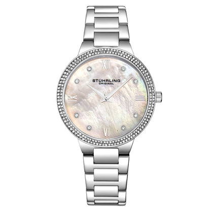 Stuhrling Original Carrara Women's Quartz Watch, 38mm, Silver Mother-of-Pearl Dial, Silver-Tone Stainless Steel Bracelet, Crystal-Accented Bezel
