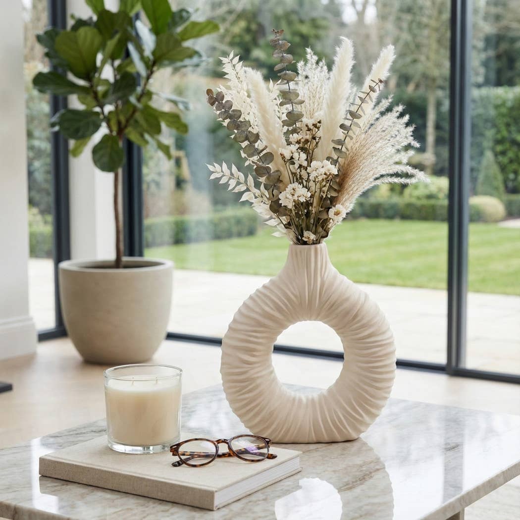 Decorative Vase - Ivory Ceramic Donut-Shaped, 12 in.