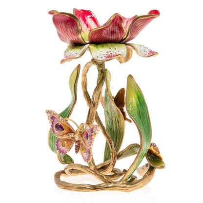 Jay Strongwater Meredith Floral 9" Pillar Candle Holder, Leaf Swarovski Crystal Enamel
