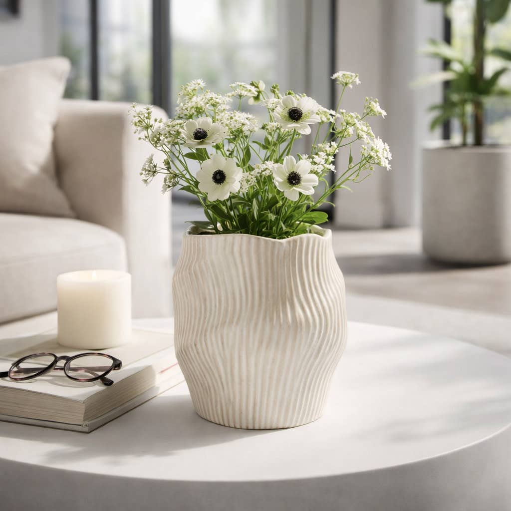 Decorative Vase - Beige Ceramic Chiseled Textured, 11 in.