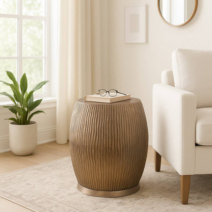 Decorative Stool - Champagne Metal Ribbed Drum, 19 in.