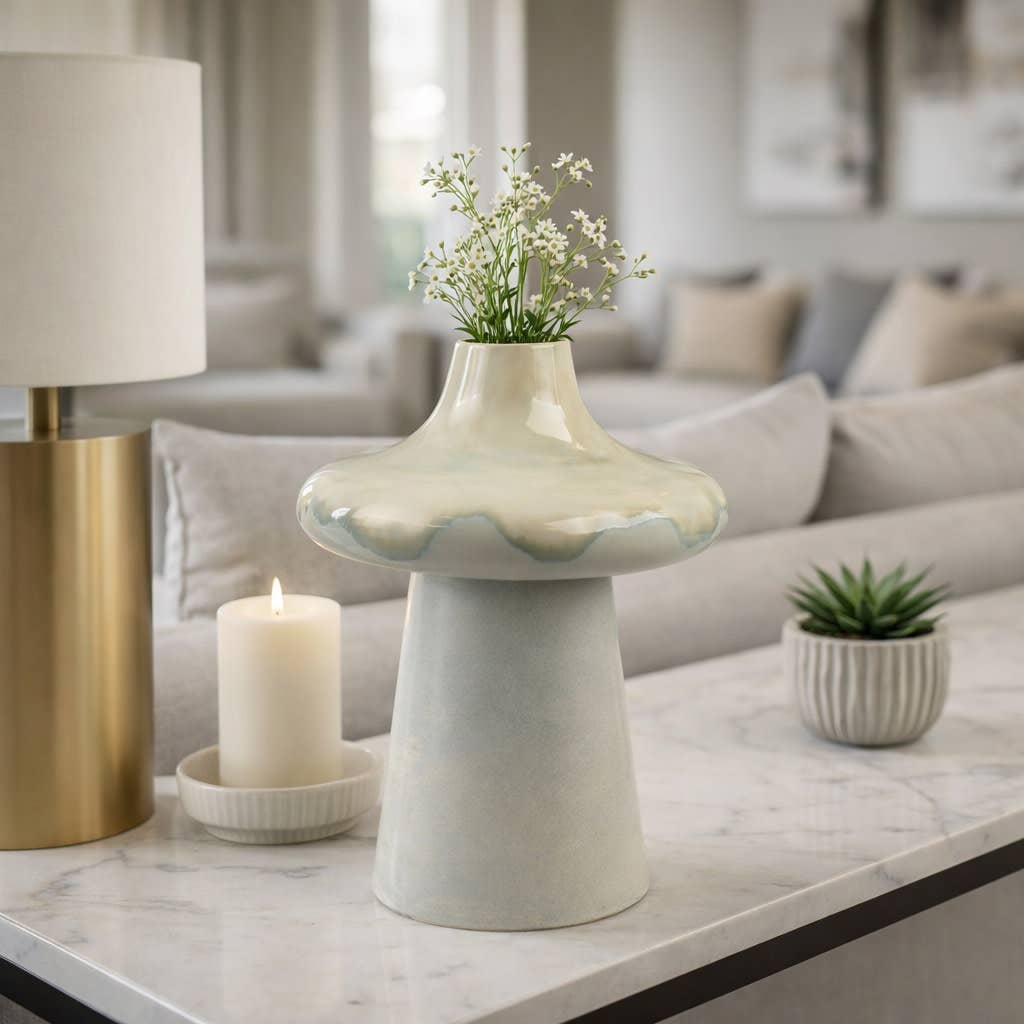 Decorative Vase - Beige Ceramic Sculptural Design, 12 in.