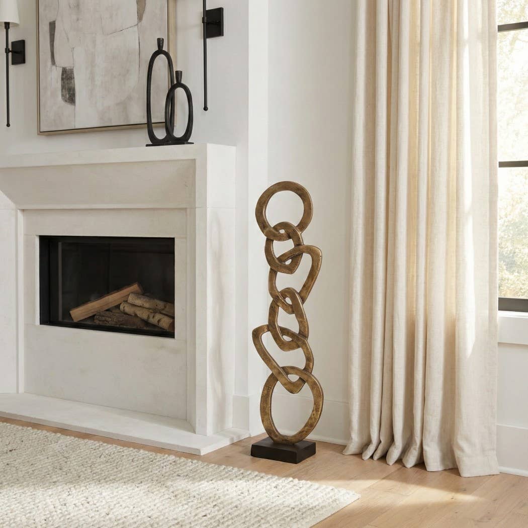 Sculpture - Gold Metal Chain Design with Wood Base, 27 in.