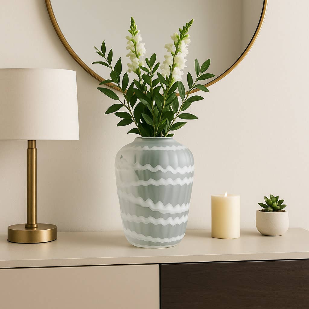 Decorative Vase - White Glass Vertical Strip Pattern, 13 in.